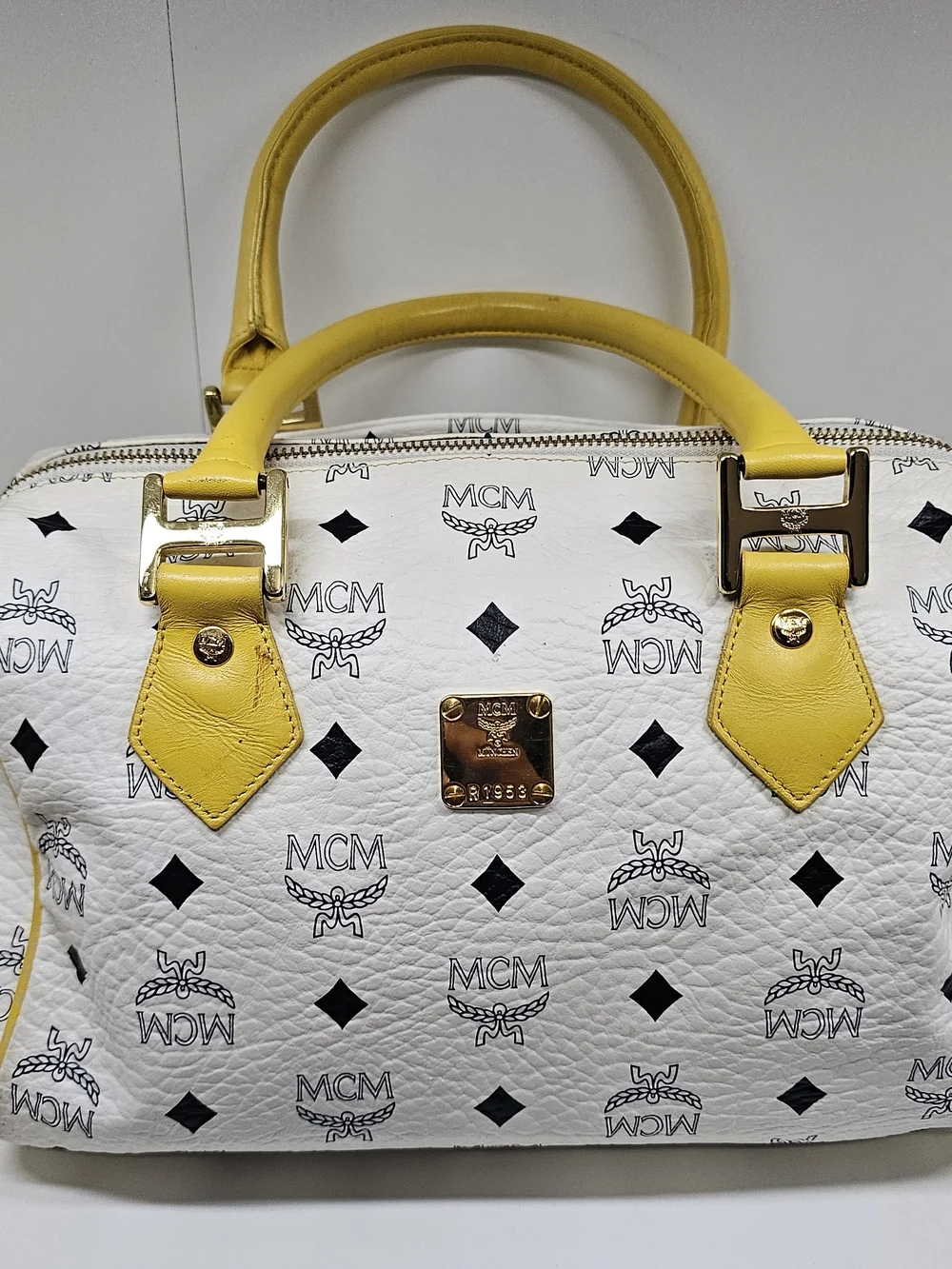 MCM White & Yellow Logo Satchel